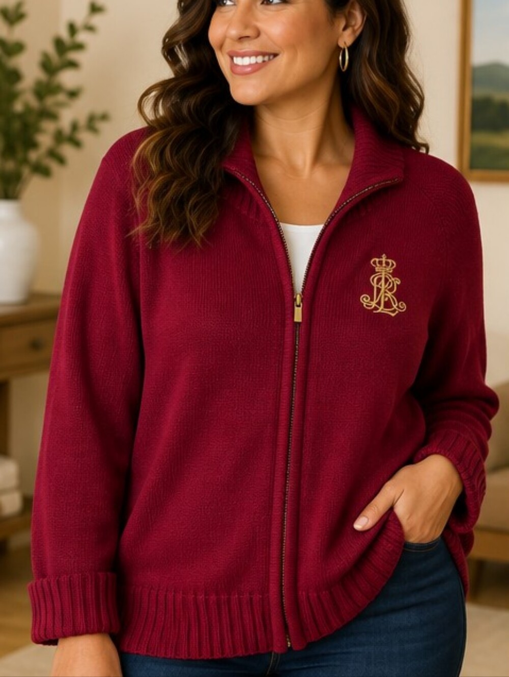 Lauren Ralph Lauren 2X Cotton Zip Cardigan Sweater Embroidered Crest